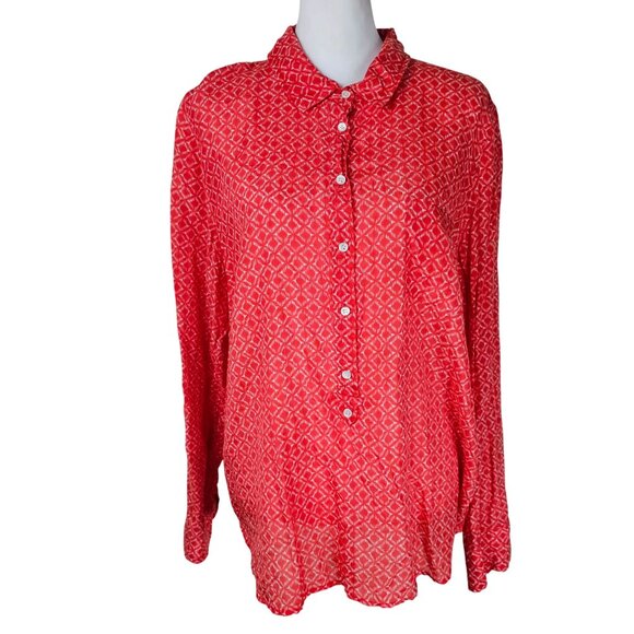 J.Crew Cotton/Silk Button-Up Popover Shirt XL Red Diamond Pattern Pocket Relaxed - Picture 1 of 10